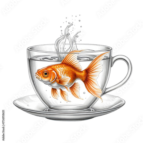 Whimsical goldfish swimming in a teacup, water splashing