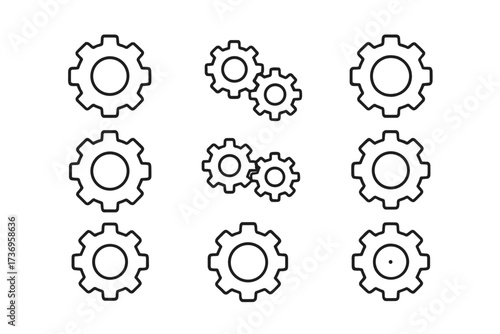 Simple linear gear icon set, editable stroke design, minimalistic mechanical cogwheel pictogram, vector illustration for apps, banners, cards, and digital posts with transparent background