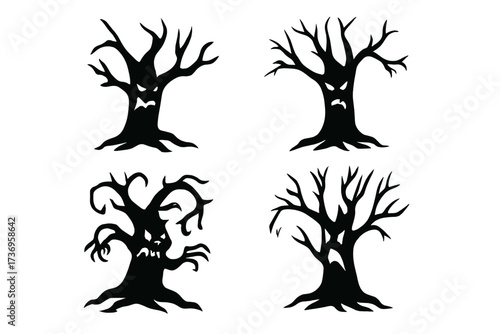 Set of spooky tree silhouettes with monster faces for Halloween. Creepy, scary character vector illustration. Haunted forest, evil wood & scary nature element for design.
