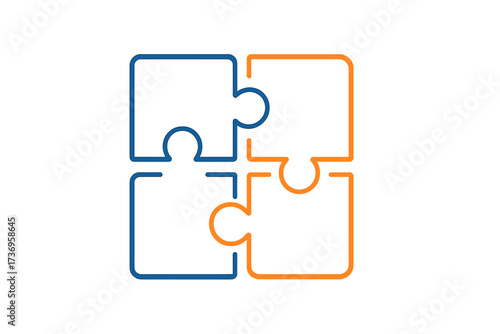 Corporate blue and orange puzzle icon vector illustration with four matching pieces symbolizing business strategy, teamwork, startup concepts, collaboration, problem solving, and game theory