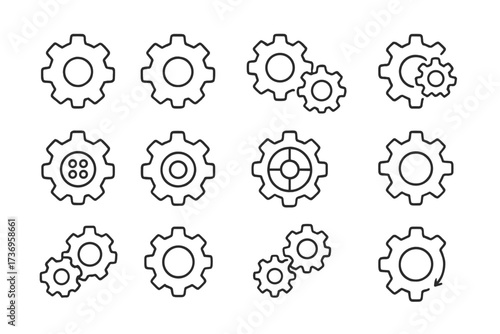 Simple linear gear icon editable stroke minimalistic vector pictogram set of gears and cogwheels for design apps cards banners posts mechanical engineering technology concept