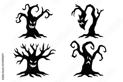 Spooky tree monster vector set. Scary face silhouette collection for Halloween. Creepy haunted forest characters. Old gnarled evil wood illustration. Horror nature elements.