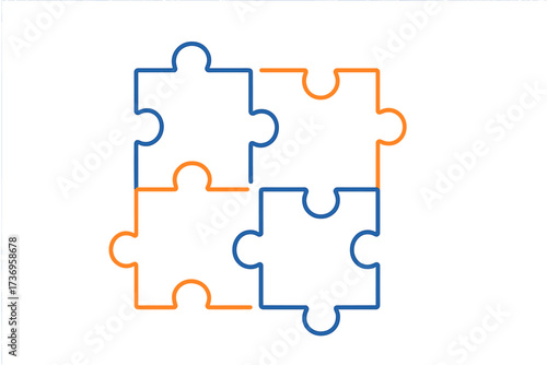 Corporate blue and orange puzzle icon with four interconnected pieces, thin line vector illustration for business strategy, startup concept, teamwork, and game planning