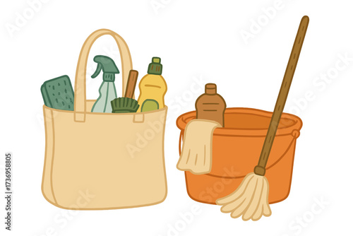 Eco-friendly spring cleaning shopping concept with reusable bag, household cleaning products, mop and plastic bucket, hygiene supplies, domestic chores illustration