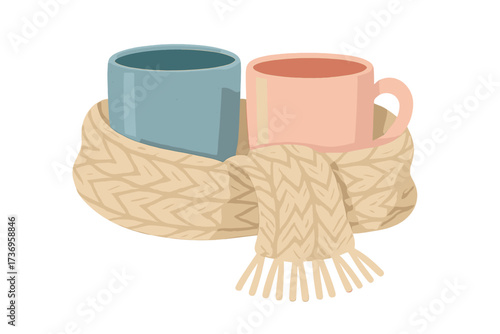Cozy composition of two ceramic mugs in blue and pink wrapped in a warm knitted beige scarf, warming atmosphere for coffee and tea party, stylish autumn winter drinkware design