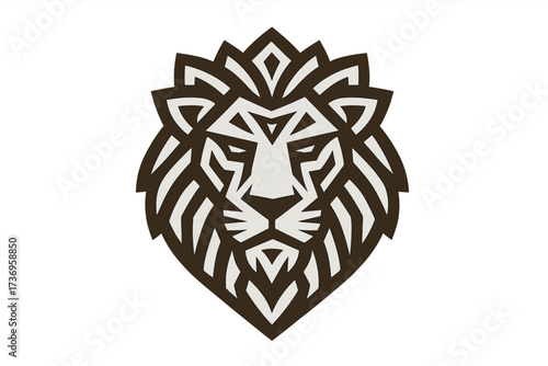 Stylized geometric lion head logo. Vector icon with tribal ornament. Abstract wild animal mascot symbol for a brand. Esport team emblem or modern tattoo design concept.