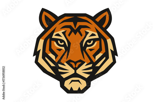 Stylized geometric tiger head illustration. Vector icon in tribal design for a sports mascot or logo. Modern abstract animal face symbol for a team emblem. Powerful wild cat.