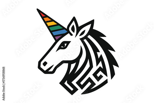 Stylized unicorn head vector icon with rainbow horn. LGBT pride symbol. Geometric tribal fantasy horse for logo or tattoo. Mythical creature illustration isolated background.