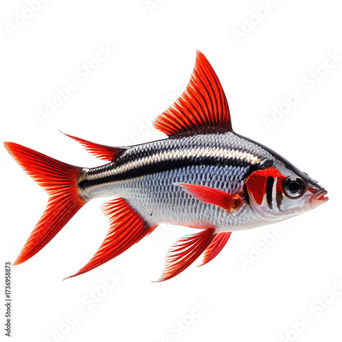 Vivid fish portrait Red fins, gray body, and dark stripes