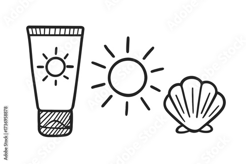 Sunscreen sketch set. Vector doodle illustration of sunblock, sun, and seashell. Summer beach vacation icon collection. Hand-drawn skin care and sun protection concept.