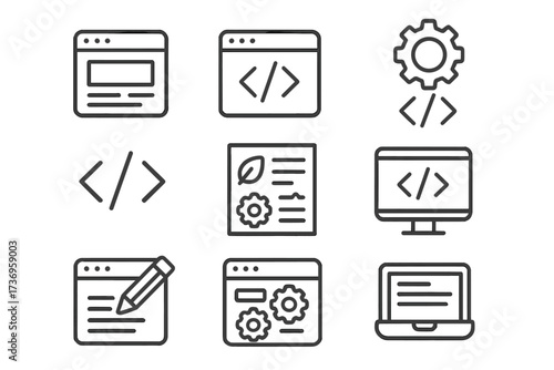 Web page design and programming icons set. Editable stroke vector collection for web development, coding, software, infographics, articles, banners, and digital technology
