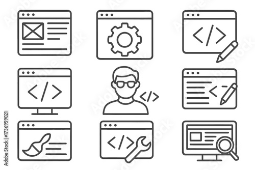 Web page design and programming icons set, editable stroke line art collection for infographics, articles, books, flyers, banners, developer tools, coding, UI elements, vector cartoon illustration