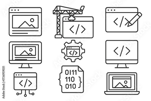 Web page design and programming line icon collection, editable stroke vector set for web development, coding, site building, software tools, infographics, banners, flyers