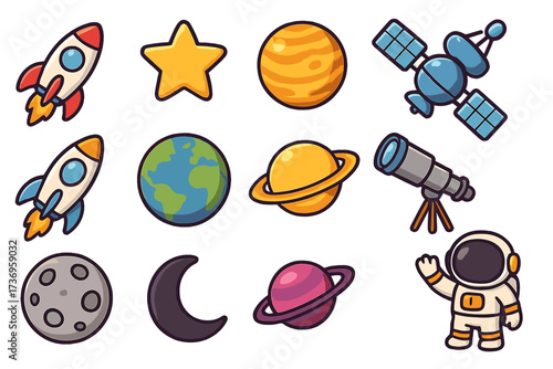 Space icon collection. Cartoon vector set with astronaut, rocket ship, planets, satellite, telescope. Cute kids astronomy clipart for design. Galaxy exploration elements.