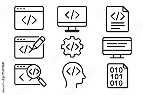 Web page design and programming icon set, editable stroke vector collection, simple coding symbols for infographics, articles, books, flyers, and banners, cartoon style illustration