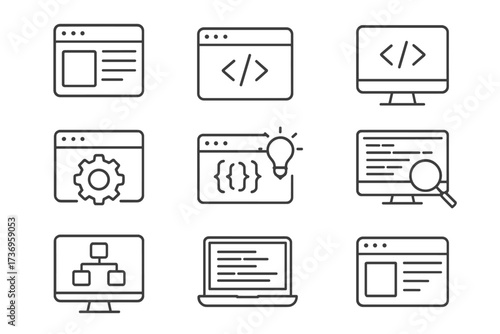 Web page design and programming icon set with editable stroke, coding and development symbols for infographics, articles, books, flyers, banners, vector cartoon illustration