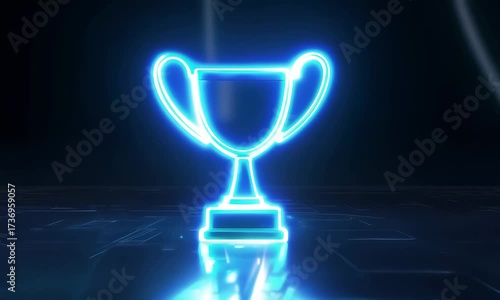 Create a 3D animation of a trophy cup glowing in blue neon light. Make the neon outline blink or pulse rhythmically, with subtle reflections on a dark reflective surface. Include smooth camera rotatio