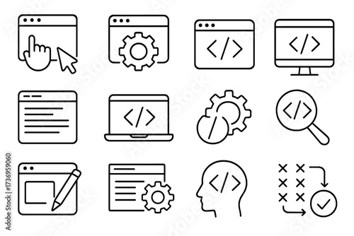 Web page design and programming icons collection, editable stroke vector set for software development, coding, UI, UX, app design, website building, technology infographic elements