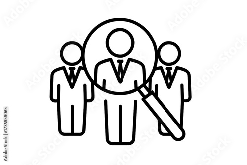 Job recruitment vector line icon. Magnifying glass analyzing a businessman. Human resources concept for headhunting, hiring, personnel search, finding talent and choosing a candidate.
