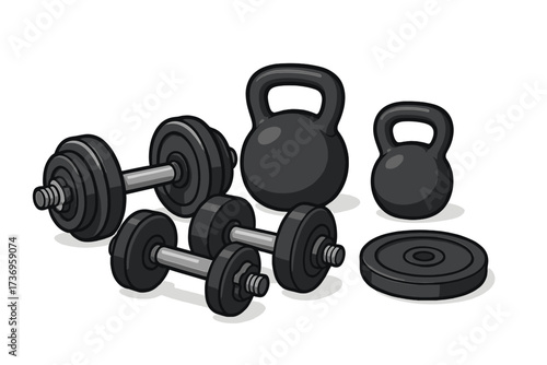 Workout equipment set with dumbbells, kettlebells, weight plates, fitness gear collection for strength training, home gym, muscle building, and exercise routine vector cartoon illustration