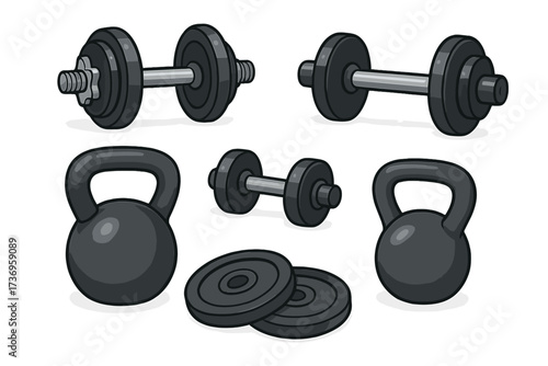 Workout equipment including adjustable dumbbells, kettlebells, weight plates, and fitness gear on white background. Vector cartoon illustration for gym training and strength exercises.