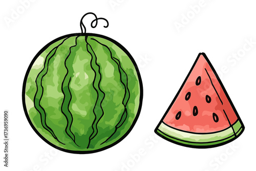 Watermelon vector illustration with a watercolor effect. Hand-drawn doodle sketch of a whole fruit and a juicy slice. Isolated summer food for healthy diet and organic concepts.
