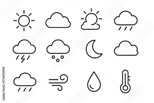 Weather line icon set for forecast app and web design. Meteorology signs collection. Sun, rain, snow, wind, cloud, moon, storm and temperature outline vector symbols. UI UX.