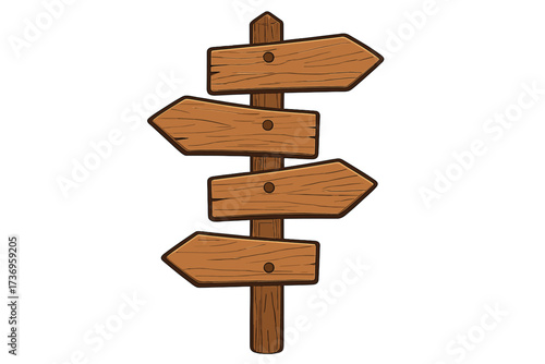 Wooden direction signpost with rustic arrow signs. Concept of choice, decision making, navigation, guidance, confusion, and finding a path. Blank empty cartoon signboard vector.
