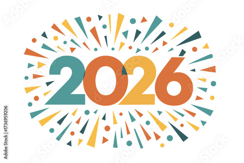 Vector Happy New Year 2026 colorful retro geometric text with explosion of vibrant shapes, festive holiday background for seasonal web banners, flyers, celebrations