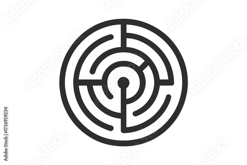 Minimal vector labyrinth icon, maze puzzle design, circular maze illustration with transparent background, brain teaser, logic game, challenge concept, labyrinth pattern, simple graphic element