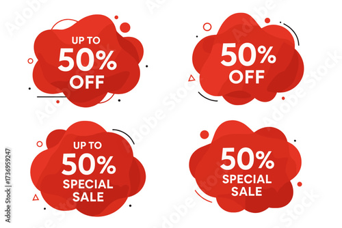 Vector collection of modern abstract liquid shapes. 50% off special sale discount tags. Red fluid sticker for advertising, promotion and marketing. Price label graphic design.