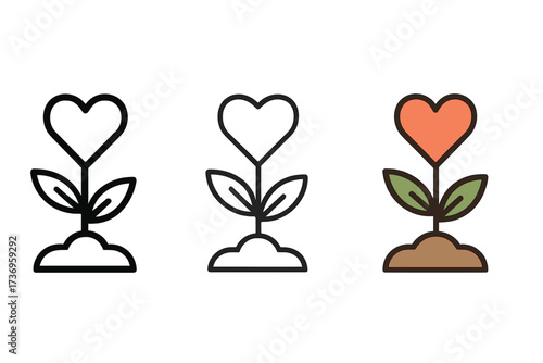 Vector icon set of heart-shaped flower plant growing in soil, stylized botanical illustration in outline, line art, and colored versions with transparent background, love nature growth concept