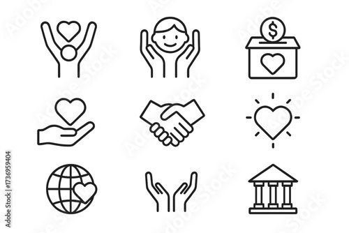 Thin line vector icons of humanitarian causes including volunteering, adoption, donations, charity, non-profit organizations, support hands, love, and global care symbols with editable stroke