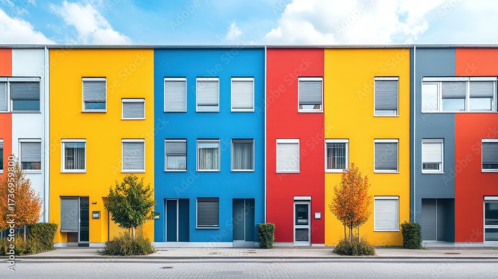 Naklejka premium Industrial buildings with colorful facades, representing diverse sectors within the manufacturing industry.