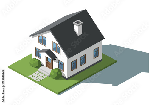 Isometric illustration of modern suburban house with black roof, white walls, green lawn, bushes, and windows