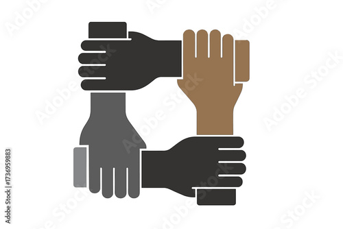 Four hands holding each other. Flat vector icon for racial equality, teamwork, diversity, and community. Symbol for charity, support, unity, partnership, and multiracial group.