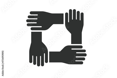 Teamwork and unity concept with four hands holding together. Vector icon for collaboration, community, and partnership. Symbol of support, charity, racial equality, and social help.