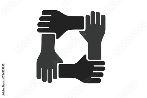 Four hands holding each other. Vector flat glyph icon for concepts of teamwork, community, charity, support, unity, connection, collaboration, racial equality and togetherness.