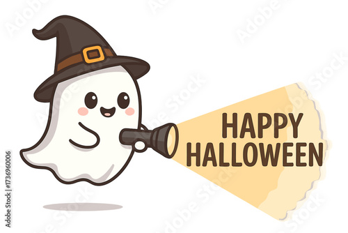 Cute ghost character with witch hat finds Happy Halloween message with flashlight. Adorable spooky spirit for holiday design. Kawaii vector illustration on transparent background.