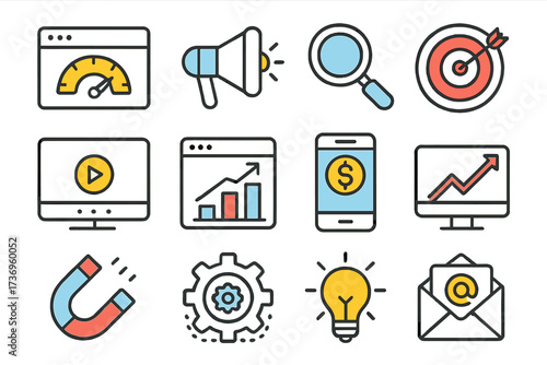 Digital marketing and SEO linear icons set. Vector cartoon symbols for promotion, search, analytics, targeting, video, mobile commerce, email marketing, lead generation.
