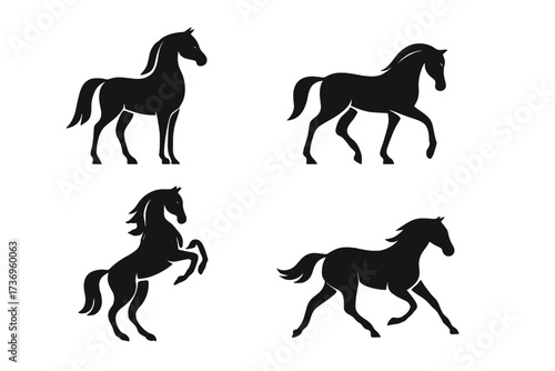 Set of black horse silhouettes in different poses. Elegant stallion vector icon for logo design. Equine symbol collection for equestrian sport. Standing, walking, rearing horse.