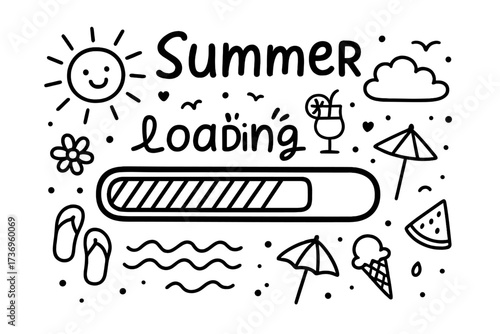 Summer loading doodle illustration. Progress bar waiting for hot season. Hand drawn vector banner with beach, sun, ice cream, cocktail. Vacation, holiday, travel concept.