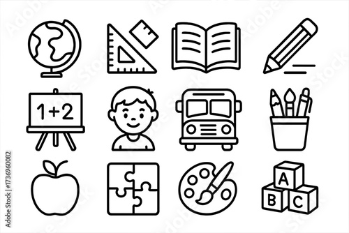 Back to school thin line icon set. Education, learning symbols for kids. Vector collection of school supplies, elementary student activities. Globe, book, bus, apple, puzzle.