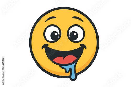 Hungry emoticon character salivating. Drooling emoji smiley face icon. Vector illustration of a delicious yummy expression. Craving food concept. Cartoon mouthwatering emotion.