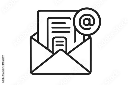 Email newsletter icon with open envelope. E-mail marketing and subscription concept. Digital communication, correspondence, and direct message symbol. Vector line art illustration.