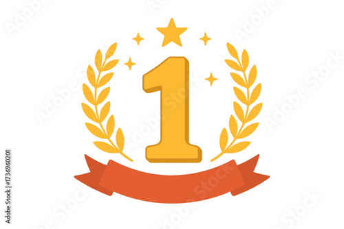First anniversary badge vector illustration. Golden number 1 with laurel wreath, star, and ribbon. Winner prize icon. 1st place award. Champion celebration design element.
