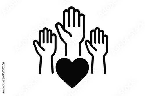 Volunteering raised hands charity icon with heart symbol, community service concept, helping hands, positive foundation support, social good, unity and care vector illustration