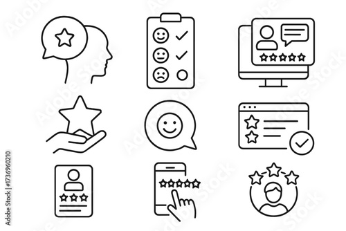 Feedback and review line icon set. Customer satisfaction, testimonial, and evaluation concepts. Online survey, rating, and quality control symbols. Vector UX pictograms.