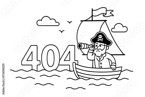 Page not found 404 error concept. Pirate searching for a lost connection at sea. Line vector illustration for website maintenance, broken link, or unavailable webpage.
