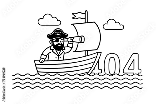 404 error, page not found vector concept. Pirate captain with spyglass on a ship, searching the sea. Lost connection, website problem. Flat line illustration for web design.